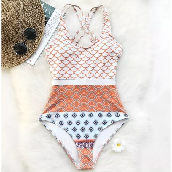 Cupshe Medium Orange and blueprint - One piece Bathing Suit M-10 NWT - Picture 3 of 7